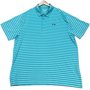 Under Armour Polo Shirt Mens XXL Teal Blue Black‎ Striped Loose Playoff HeatGear